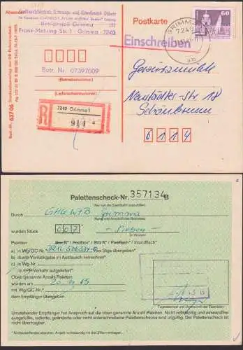 GRIMMA R-Karte als Palettenscheck 21.11.89 mit 60 Pfg. Dresdner Zwinger DDR 2649