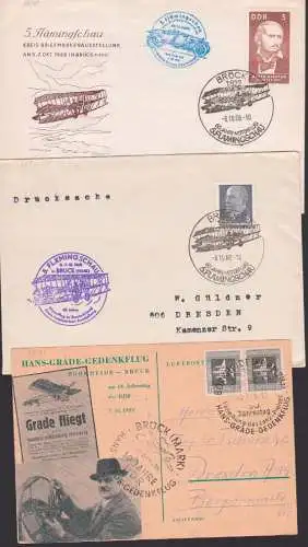 Borkheide (Kr Belzig) 3 Schmuckbelege Bork-Brück 1912 - 1962, Hans Grade-Gedenkflug 7.10.59 10. Jahrestag DDR