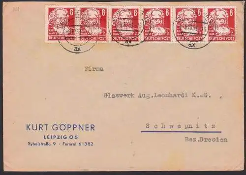 Leipzig 9.10.53, 8 Pfg. Karl Marx auf Fernbrief 2. Gewichtstufe, portorichtig