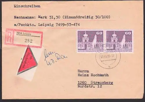 Dresdner Zwinger 60 Pfg. waager. Paar NN-R-Bf aus Leipzig 1.3.85, DDR 1919(2)