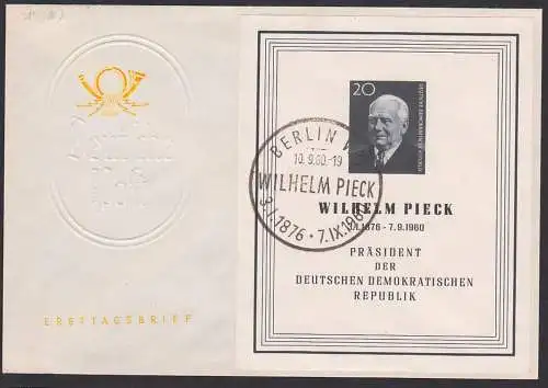 Wilhelm Pieck 20 Pfg. Block mit SSt. Berlin 10.9.60