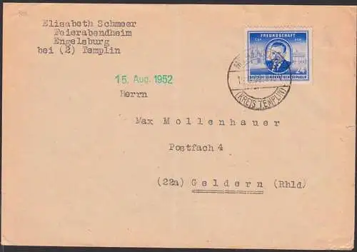 K. Gottwald 24 Pfg. Fernbrief 302, Prag Hratschin und Brandenburger Tor 13.6.52, mittig gefaltet