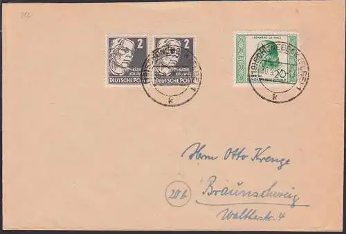 Schönebeck (Elbe) Fernbrief 30.9.52 mit 20 Pfg. Leonardi da Vinci, 312 und 2 Pfg. K. Kollwitz