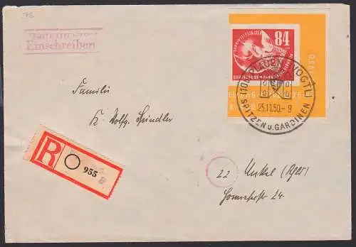 Plauen R-Bf SSt. 25.11.50 mit 84 Pfg. Debria aus Block 272, mittig gefaltet, rs. Eing.-St. Unkel (Rhein)