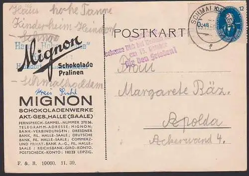 Schmalkalden seltener Z4 Propaganda "Deutscher, bekenne Dich bei…" Karte mit 6 Pfg. Akademie Randst. 266