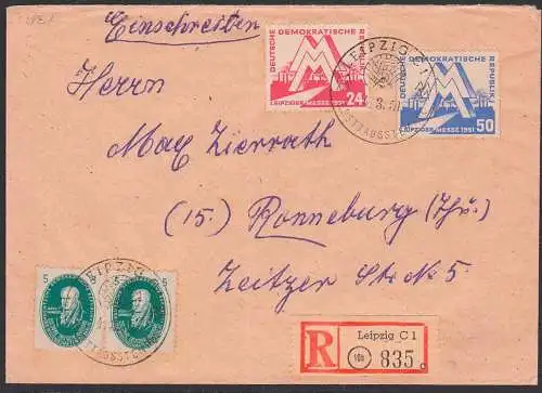 Leipziger Messe 1951 SSt. 4.3.50 auf R-Brief nach Ronneburg DDR 282/83 und 262(2), portorichtig
