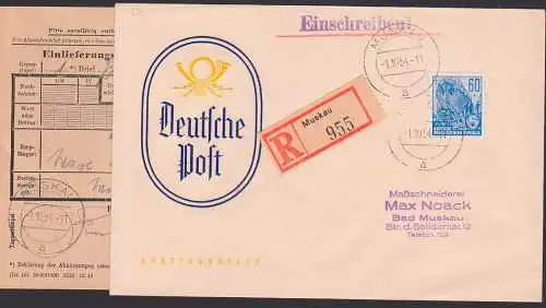 Muskau R-Ortsbrief mit Einl.-Schein 1.190.54, Ersttag für die Portosenkung, rs. Eing,-St. 60 Pfg. 5-Jahrplan (420)