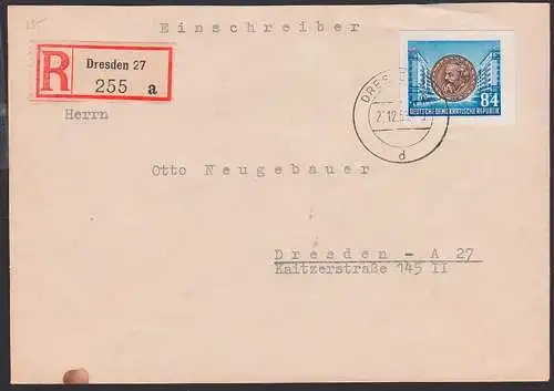 Dresden R-Bf mit 84 Pfg. Karl-Marx-Jahr aus Block (395), rs. Eing,-St.