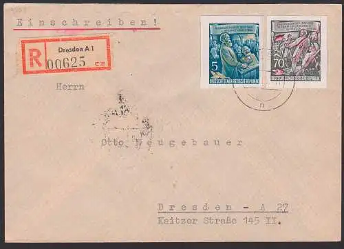 Dresden R-Bf 9.1.56  mit 70 Pfg. Friedrich Engels aus Block (490B u.a.), rs. Eing,-St.