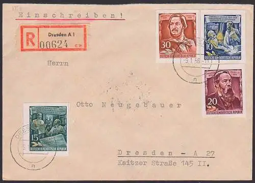 Dresden R-Bf 9.1.56  mit 30 Pfg. Friedrich Engels aus Block (489B u.a.), rs. Eing,-St.