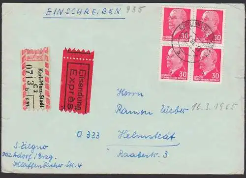 Karl-Marx-Stadt R-Eil-Brief mit 30 Pfg. Walter Ulbricht nach Helmstedt (935(4)) portorichtig