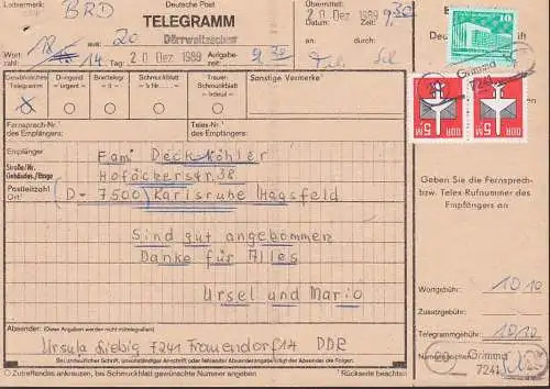 Dürrweitzschen (20) PSSt. Grimma auf Telegramm 20.12.89 nach der BRD mit 5,- Luftpost 2967(2)