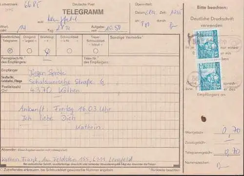 Lengfeld (56) PSSt. Hdbhn Hildburghausen auf Telegramm mit 35 Pfg. Karl-Marx-Stadt 2506(2)