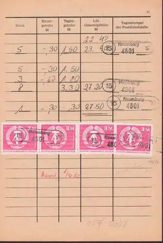 Naumburg PSSt. Einlieferungsbuch-Seite DDR 1967(4) 8.12.80 3 M Staatswappen in einer Einheit - selten