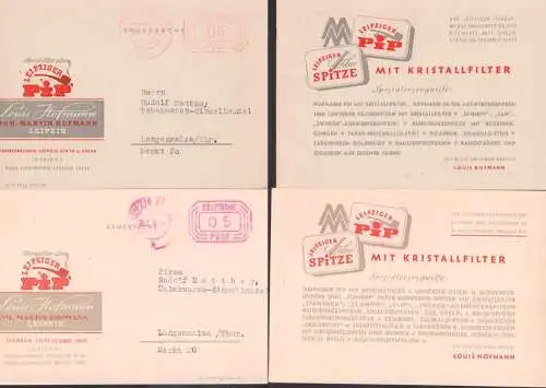 Leipzig BPA 32 zwei PSF alte Form, Werbekarte Leipziger PiP Raucherutensilien, Zudruck aktueller Messestand