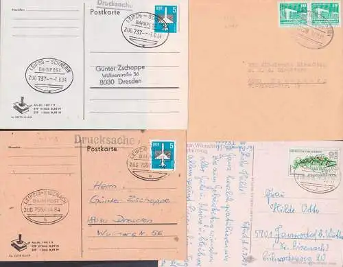 Bahnpoststempel von Leipzig nach Schwerin, Karl-Marx-Stadt, Eisenach 4 Belege