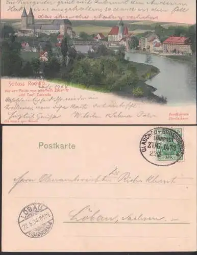 Rochltz, Bahnpost GLAUCHAU - GROSSBOTHEN ZUG 1473 22.5.1904, AK mitSchloss und Zassnitz