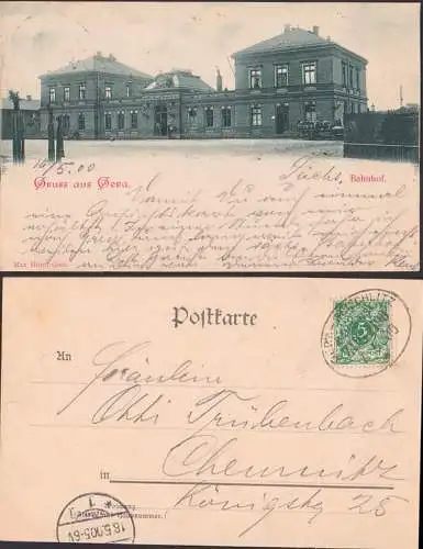 Gera Ak Bahnhof Bahnpost GERA - WEISCHLTZ 7.5.1900, Bahnhofsbebäude mit Sächs. St. E.