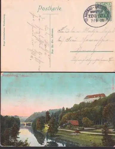 Wolkenburg Schloss Ak mit Bahnpost GLAUCHAU - GROSSBOTHENc 7.9.1908