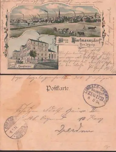 Hartmannsdorf Bez. Leipzig Lithokarte mit Hotel Kronprinz 8.8.1904 Bahnpost Limbach - Chemnitz