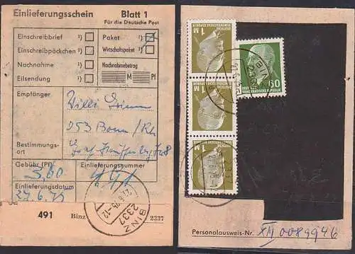 Binz 27.6.75  Einlieferungsschein ber 1 Auslands-Paket (491) nach Bonn, verklebte Gebhr ber 3,60