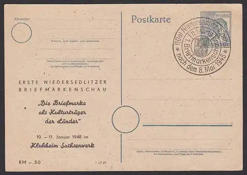 Niedersedlitz 12 Pfg, GA mit privatem Zudruck  11.1.48 erste Niedersedlitzer Briefmarkenschau, GA *