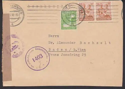 Chemnitz russische Zone 10.4.48 Auslandsbrief mit öster. Zensur-St.  1403 nach Baden bei Wien