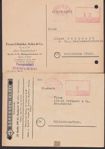 Berlin N4 zwei Postfreistempel aptiert nach Schlotheim16,7,48 bzw. 24.2.49, je Aktenlochung