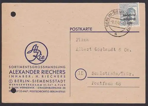 Berlin-Siemensstadt 9.8.48, 12 Pfg. Arbeiter mit SBZ-Aufdruck nach Schlotheim - Berlin-Vorläufer