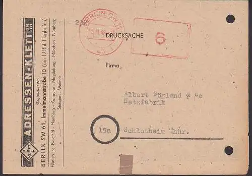 Berlin SW 11 Postfreistempel aptiert 5.11.48 nach Schlotheim Berlin-Vorläufer, Aktenlochung