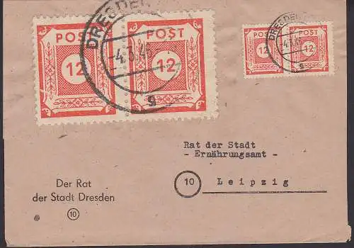 Dresden 4.3.46 Fernbrief, dabei 12 Pfg. mit Plattenfehler (60I 75,- Katalog), Abs. Der Rat der Stadt