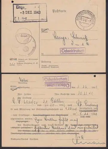 Rheydt-Odenkirchen 2.12.43, portofreie Sendung mit Briefstempel Deutsche Reichsbahn