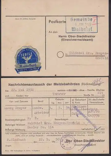 M.Gladbach JUBILA Jubiläums-Ausstellung Vignette 1950 Postkarte nach Waldniel Kempen-Krefeld