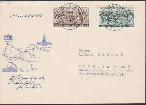 Internationale Friedensfahrt Warschau Berlin Prag Radrennen mit Ortsstempel DDR 426-427 FDC