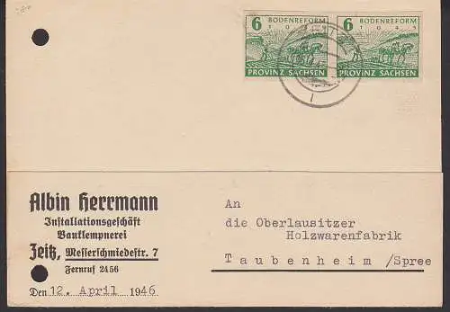 Bodenreform 1945 in der SBZ, 6 Pfg. (85(2)) Fernkarte aus Zeitz 16.4.46