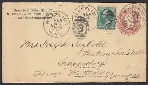 Wheeling W. VA 24 JUN 1888 GA 2 cents nach Germany Schorndorf