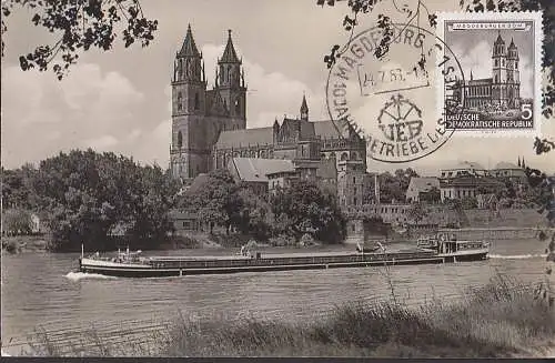 MC 491 5 Pfg. Magdeburger Dom SSt. 24.7.56, Foto-Ak mit Elbe