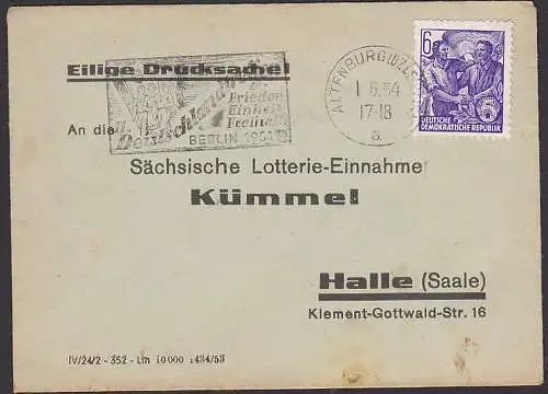 Altenburg Bz. Leipzig 1.6.54 MWSt. 2. Deutschlandtreff Drucksache