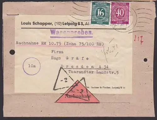 Warenprobe Sendung aus Leipzig mit Nachnahme aus Leipzig 31.4.47 portorichtig bis 20g (600,-Mi), Bf-Adresse