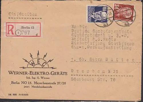 Berlin 43, R-Brief 2. Gewichtsstufe 5.6.51 Abs Werner Elektro Ger?te