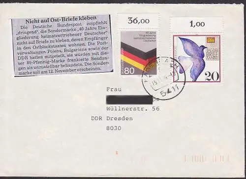 Postkrieg ohne Beanstndung auf Brief in die DDR mit Nr. 1265 Eingliederung 18.11.85, Zeitungsausschnitt-Kopie