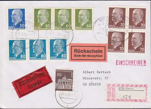 Rehna DDR R-Eil-A-Brief mit R?sckschein nach Z?rich mit 80 Pf(3) Walter Ulbricht u.a. MiF Brandenburger Tor Berlin-West