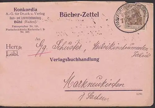 B?cherzettel B?hl Konkordia mit Bahnpostst. Frankfurt (Main) - Freiburg 24.3.1917