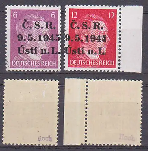 CSR 6 und 12 Pfg. Hitler mit Aufdruck C. S. R. 9.5.1945 Usti n.L., gepr. Roch