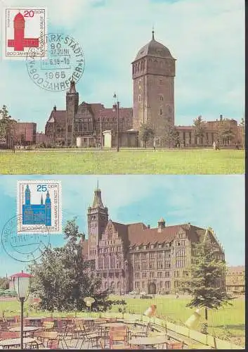 MC 1118, 1119 Karl-Marx-Stadt Rathaus Roter Turm je auf AK, rs viersprachiger Text