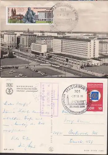 MC Magdeburg Otto-von-Guericke Denkmal und Interhotel mit SSt. 20 Jahre DDR, gelaufene Karte