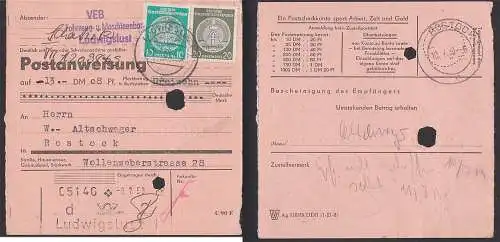 Ludwigslust Postanweisug mit Dienstmarken frankiert, ru. gebrochen, 9.7.59