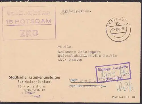 Potsdam R3 ZKD-St, Bezirkskrankenhaus mit R3 "Richtige Anschrift 1519/Pk" 2.6.69