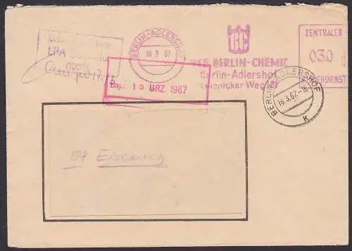 Berlin-Adlershof ZKD-AFS 16.3.67 Berlin Chemie, seltener R3 "Richtige Anschrift LPA Salfeld (1007)"