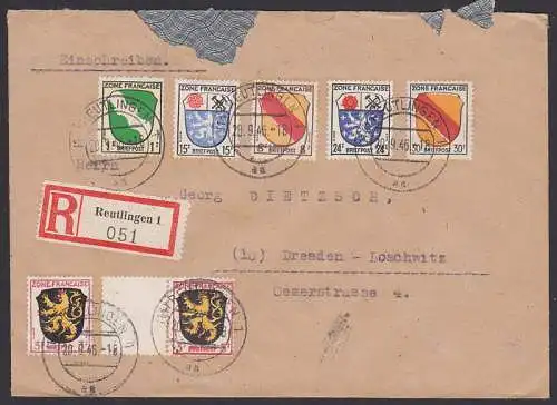 Reutlingen R-Bf portogrichtig, dabei 3 Fr mit Nebenfeld nach Dresden 20.9.46